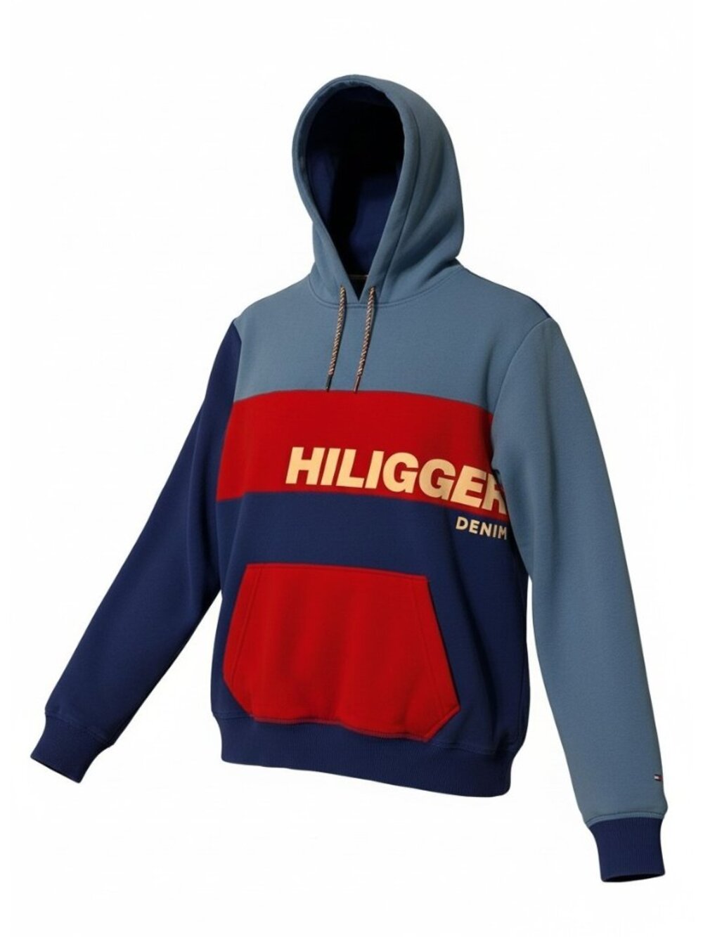 Tommy Hilfiger Denim Colorblock Hoodie Blue Red Graphic Pullover Men's Large